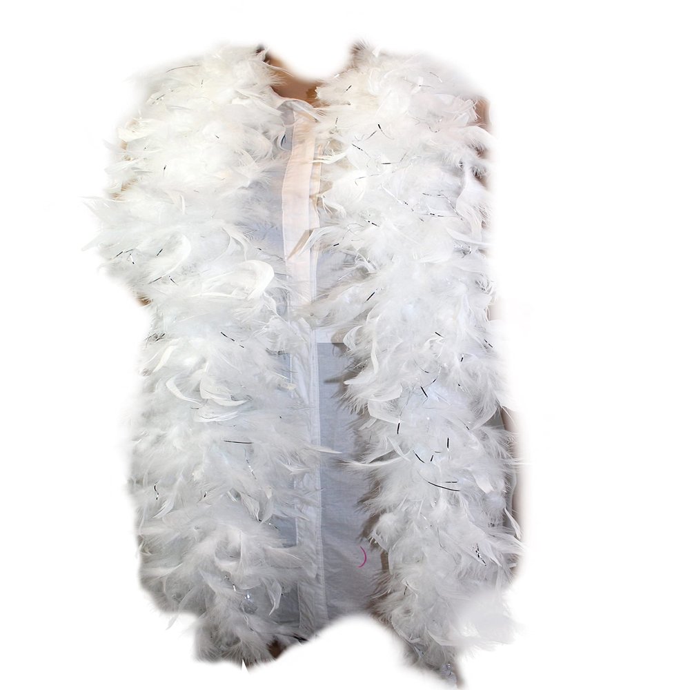 Flydreamfeathers 60 Gram, 2 yards Long Chandelle Feather Boa Great for Party, Wedding, Halloween Costume, Christmas Tree, Decoration(White w/silver tinsel)