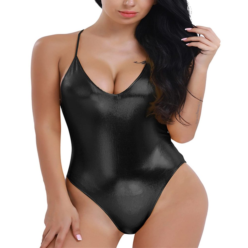 Yihuimin Women's Shiny Metallic Push Up Swimsuits One Piece Monokini Swimwear Bathing Suit Black Large