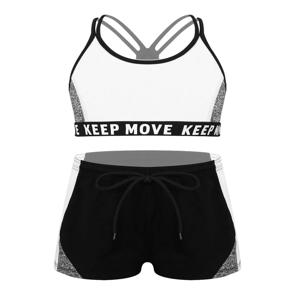 Moggemol Girls 2 Pcs Gym/Dance/Swim Outfit Camouflage Straps Crop Top with Bottoms Gymnastics Leotard White 6