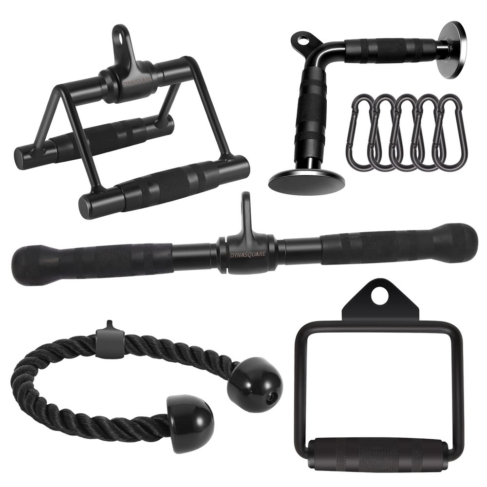 DYNASQUARE Cable Attachments for Home Gym, Made of Heavy Duty Solid Steel, LAT Pulldown Attachment, Weight Machine Accessories, Straight Pull Down Bar, Tricep Rope, Exercise & Double D Handle