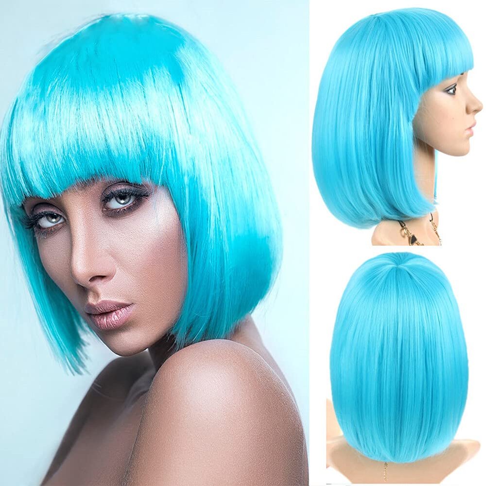 Short Cosplay Wig 23Color Short Bob Synthetic Wig With Bangs Straight Bob Cosplay Wigs Blue Black Brown Red White Pink2#