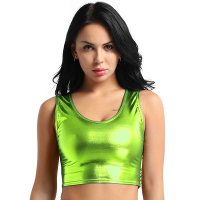 WinChang Women's Shiny Metallic Crop Top U Neck Sleeveless Tank Tops Vest Party Clubwear Fluorescent Green One Size