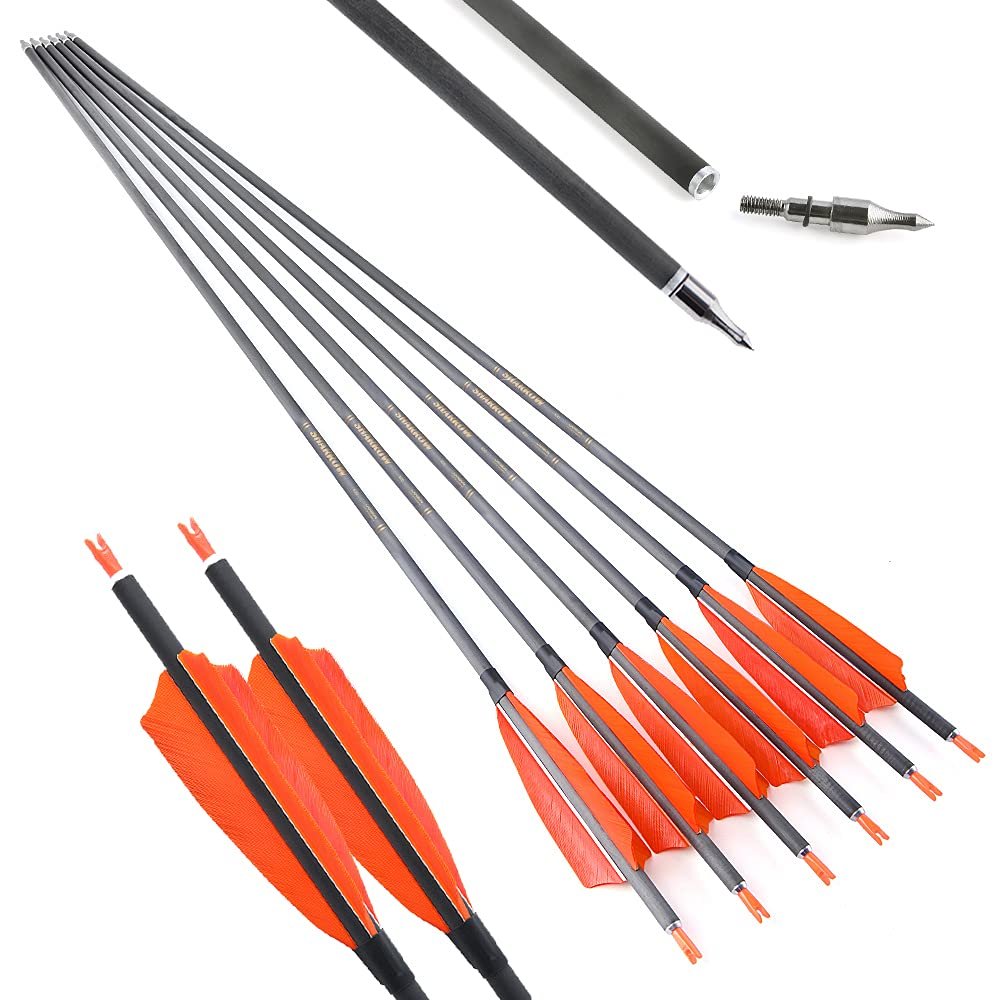 AMEYXGS 6/12 Pcs 34 Inch Archery Carbon Arrows 400 Spine Hunting Compound Arrows with 4 Turkey Feather Target Practice Arrow for Compound and Recurve Bow (Orange, 12 pcs)