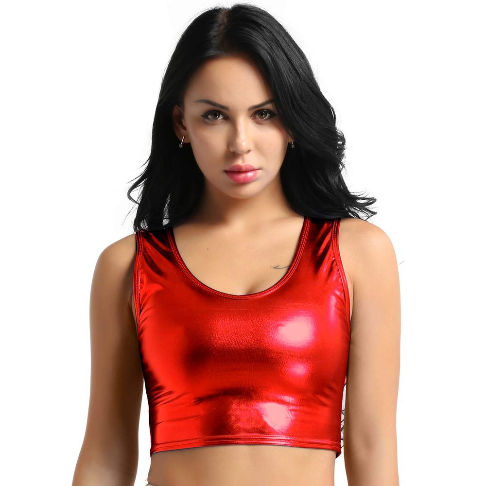 WinChang Women's Shiny Metallic Crop Top U Neck Sleeveless Tank Tops Vest Party Clubwear Red One Size