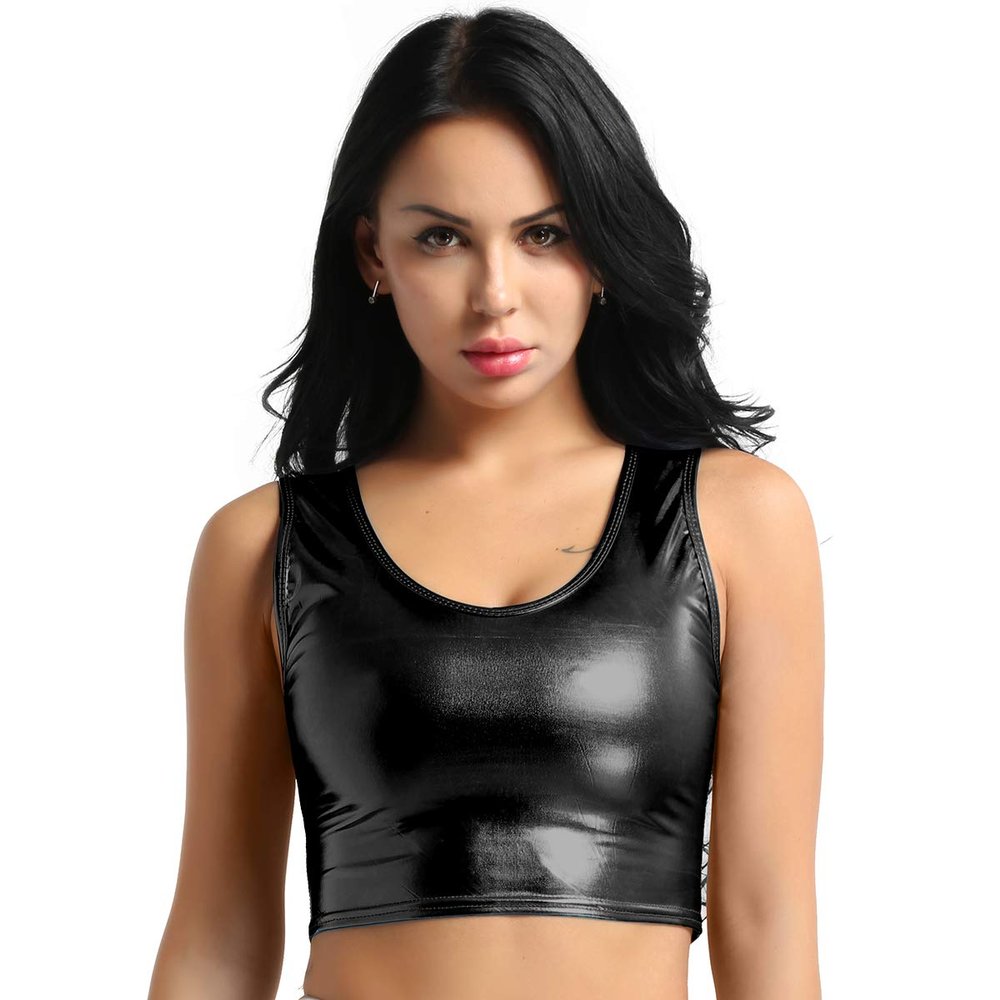 WinChang Women's Shiny Metallic Crop Top U Neck Sleeveless Tank Tops Vest Party Clubwear Black One Size