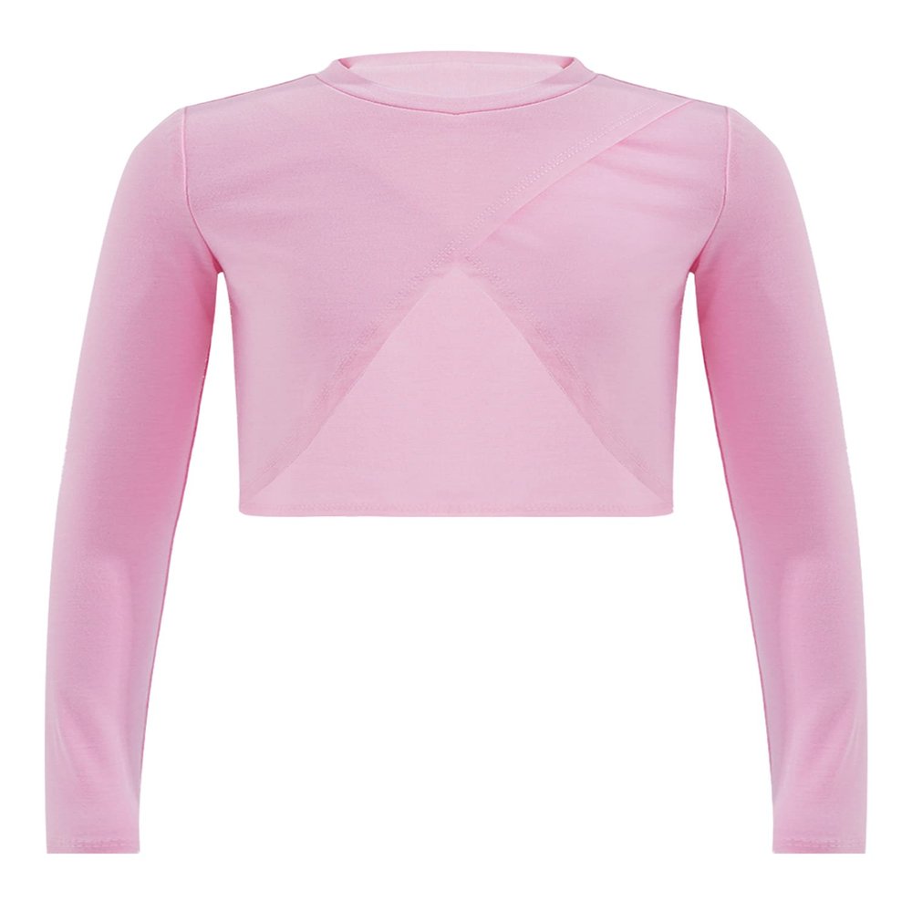 Aislor Kids Girls Ballet Dance Yoga Gym Active Crop Tops V Neck Long Sleeve T-Shirt Shrug Crop Tops Blouses Dancewear Pink C 14 Years