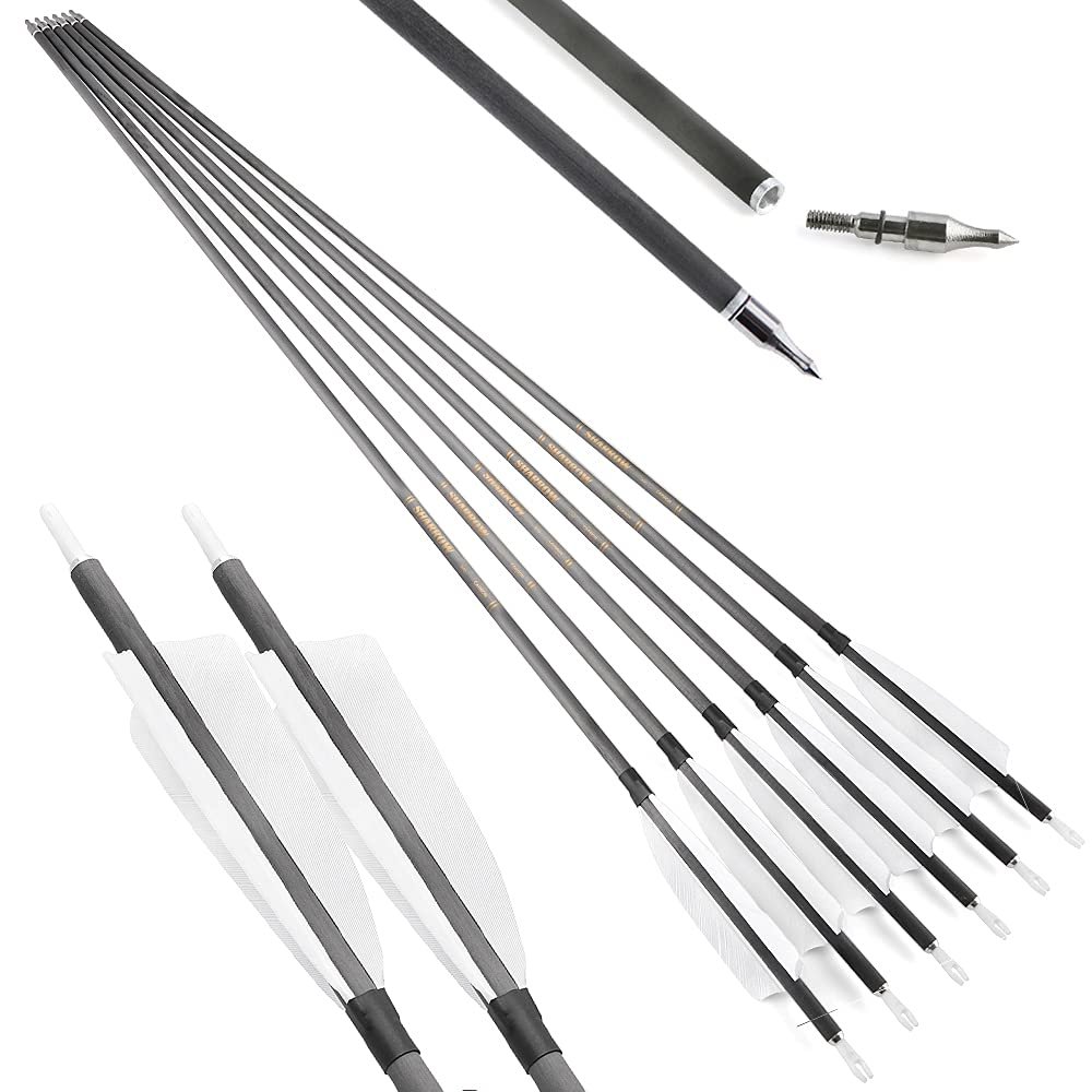 AMEYXGS 6/12 Pcs 34 Inch Archery Carbon Arrows 400 Spine Hunting Compound Arrows with 4 Turkey Feather Target Practice Arrow for Compound and Recurve Bow (White, 12 pcs)