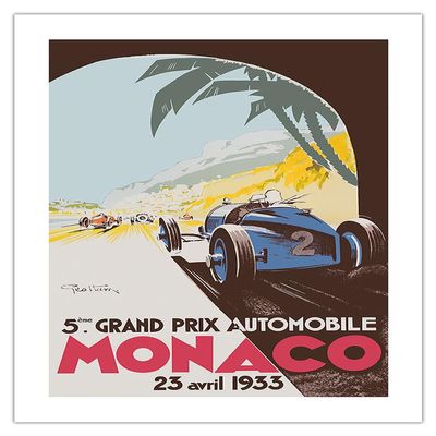 5th Grand Prix Monaco 1933 - Auto Racing - Vintage Sports Poster by Go Ham (Georges Hamel) c.1933 - Fine Art Matte Paper Print (Unframed) 24x32in