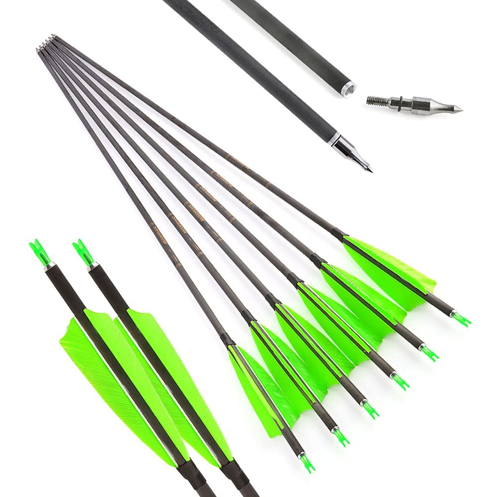 AMEYXGS 34 Inch Carbon Arrows 400 Spine Hunting Arrows with Removable Tips and 4 Turkey Feather Target Practice Arrow for Compound & Recurve & Long Bow 6/12 Pcs (Green, 12 pcs)