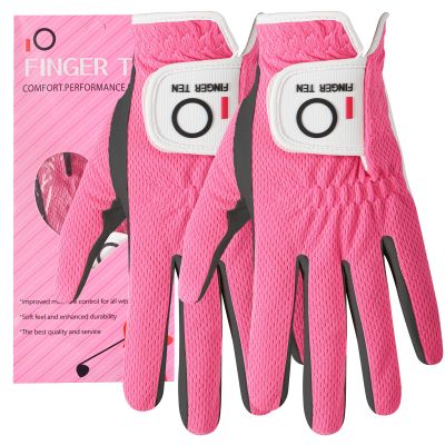 FINGER TEN Womens Golf Glove Right Handed Golfer Left Hand Rain Grip Hot Wet All Weather Value 2 Pack, Golf Gloves Breathable Flexible for Ladies Women (Rose&Black-2 Pack Worn On Left Hand, Medium)