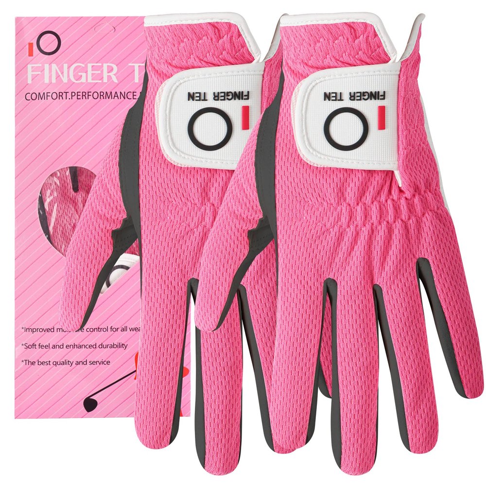 FINGER TEN Womens Golf Glove Right Handed Golfer Left Hand Rain Grip Hot Wet All Weather Value 2 Pack, Golf Gloves Breathable Flexible for Ladies Women (Rose&Black-2 Pack Worn On Left Hand, Medium)