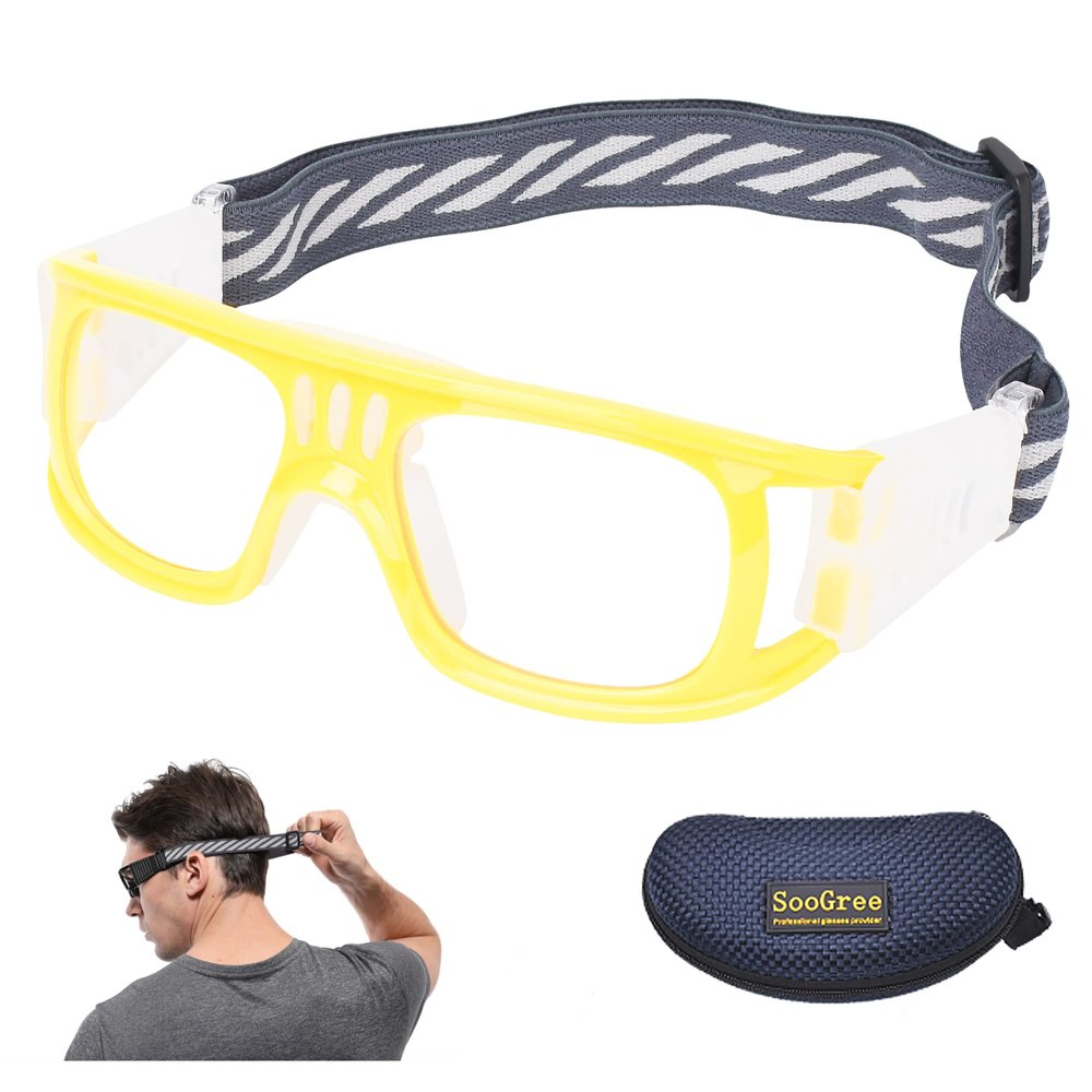 SooGree Professional Sports Goggles Glasses Men Women Racquetball Basketball Football Sport Eyewear Protective Glasses Anti-fog Shock Collision Lens Replaceable (Yellow Frame White Pad) 8068