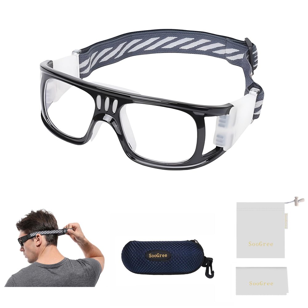 Professional Sports Goggles Glasses Men Women Racquetball Basketball Football Sport Eyewear Protective Anti-fog Shock Collision Lens Replaceable (Black Frame White Pad) (8068)