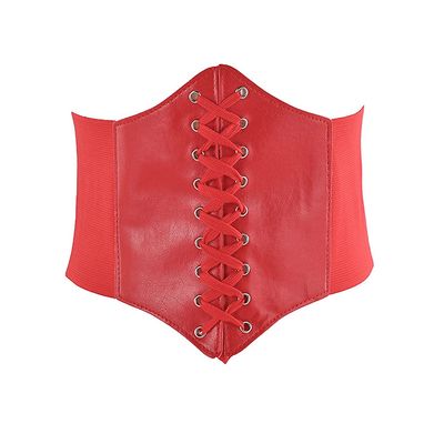 Aabellay Womens Lace-up Corset Cinch Waistband Waspie Elastic Waist Belt Retro Tied Wide Belt Vintage Bandage Elasticity Girdle Wrap for Girls Halloween Costume  Red