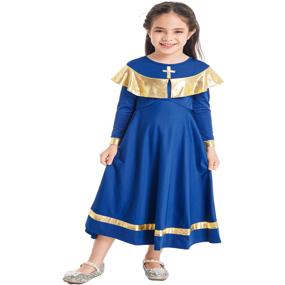 easyforever Kids Girls Ruffle Metallic Gold Color Block Praise Dance Dress Lyrical Worship Dance Tunic Dress Dancewear Royal Blue 4 Years