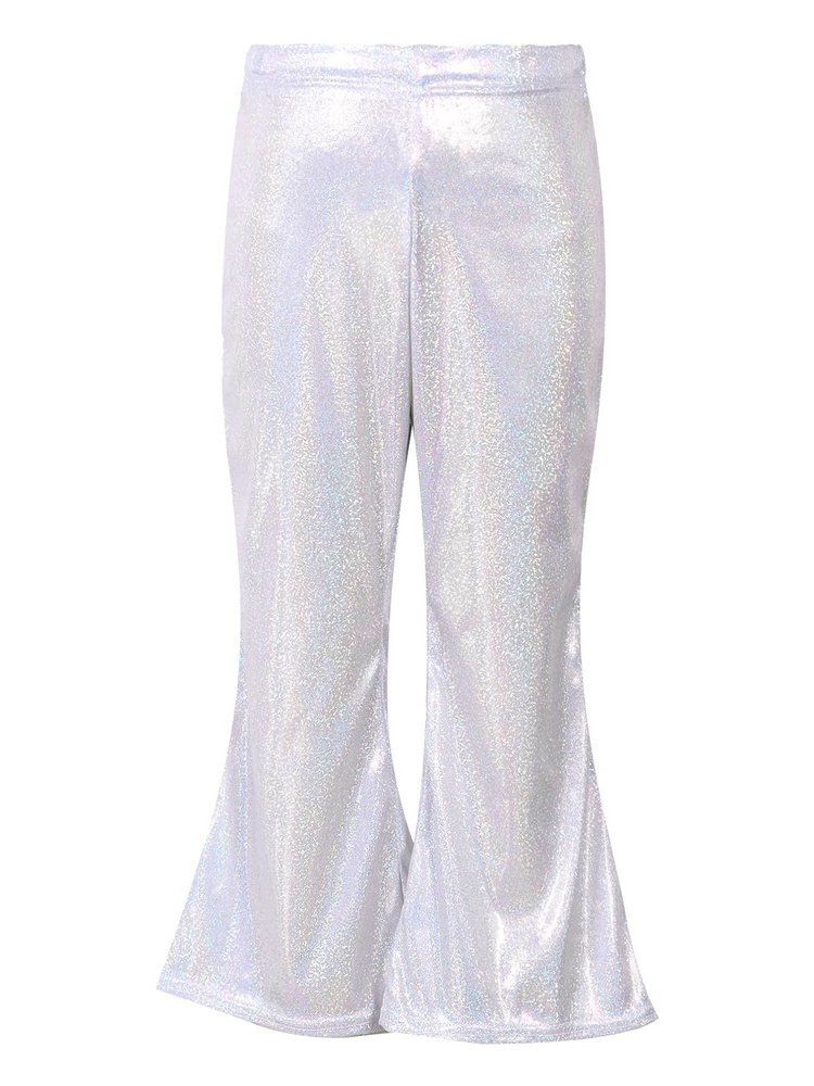 Agoky Little Big Girls Shiny Metallic Flared Pants Bell Bottoms Wide Leg Ruffle Hem Fashion Bottoms Hip Hop Jazz Dancewear Silver 2-3 Years
