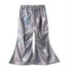 Agoky Little Big Girls Shiny Metallic Flared Pants Bell Bottoms Wide Leg Ruffle Hem Fashion Bottoms Hip Hop Jazz Dancewear Black 7-8 Years view 3