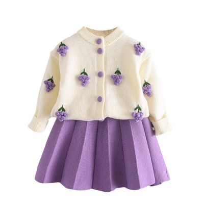 ZHICHUANG Toddler Girls Cool Weater Floral Knitted Cardigan Sweater + Skirt 2-pc Autumn Cute Set 1-6 Years, Purple, 4-5T