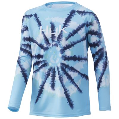 HUK Kids' Standard Pursuit Long Sleeve Sun Protecting Fishing Shirt, Spiral Dye-Baltic Sea, Small