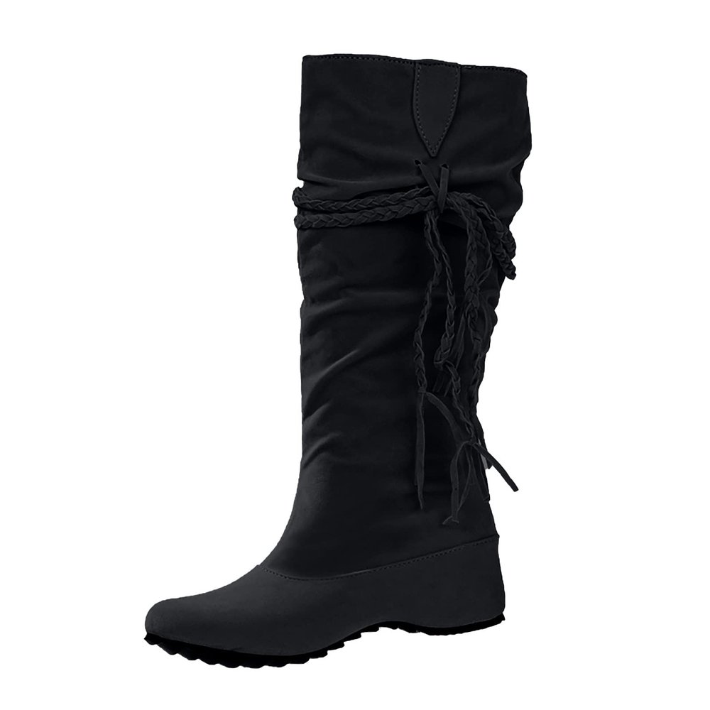 Women's Snow Boots Knee High Fashion Solid Pointed Toe Strap Tassel Keep Warm Slip on Long Boots Winter Comfortable Non-slip Outdoor Boots Shoes