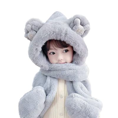 Kids Winter Hat Scarf Mittens 3 in 1 Faux Fur Hat Hooded Scarf Earflap Cap Neck Warmer Fuzzy Hoodie Ski Snow Cap Gloves Set