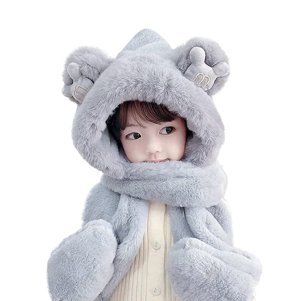 Kids Winter Hat Scarf Mittens 3 in 1 Faux Fur Hat Hooded Scarf Earflap Cap Neck Warmer Fuzzy Hoodie Ski Snow Cap Gloves Set