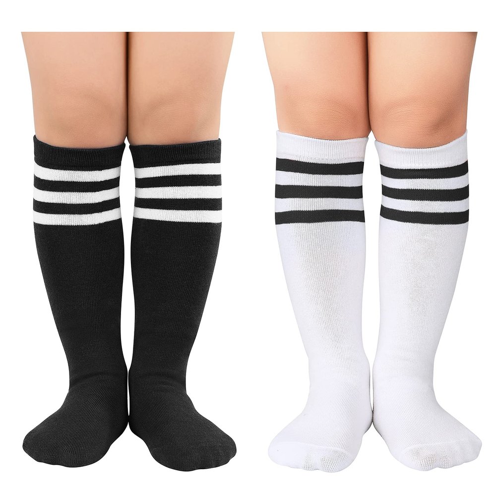 Toddler Girl Socks Knee High Tube Socks Baseball Football Long Socks Sports Soccer Socks for Child Girls 2 Pack Black White Black