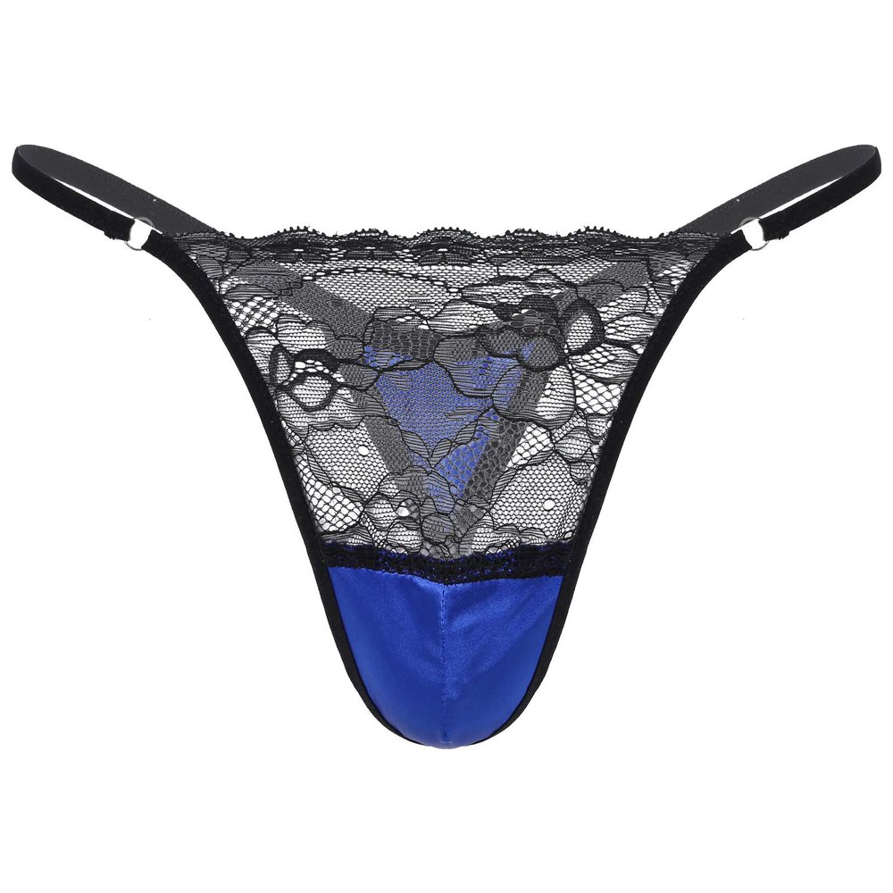 Alvivi Mens Sheer Lace T-Back Jockstrap Lingerie Underpants High Cut Thongs Satin Pouch Knickers Royal_Blue XX-Large