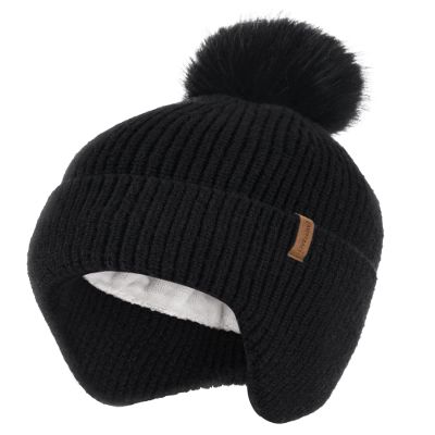 Camptrace Toddler Baby Winter Hat Warm Fleece Lined Knit Kids Hat with Earflap Infant Newborn Pom Beanie Knit Cap Girls Boys Black