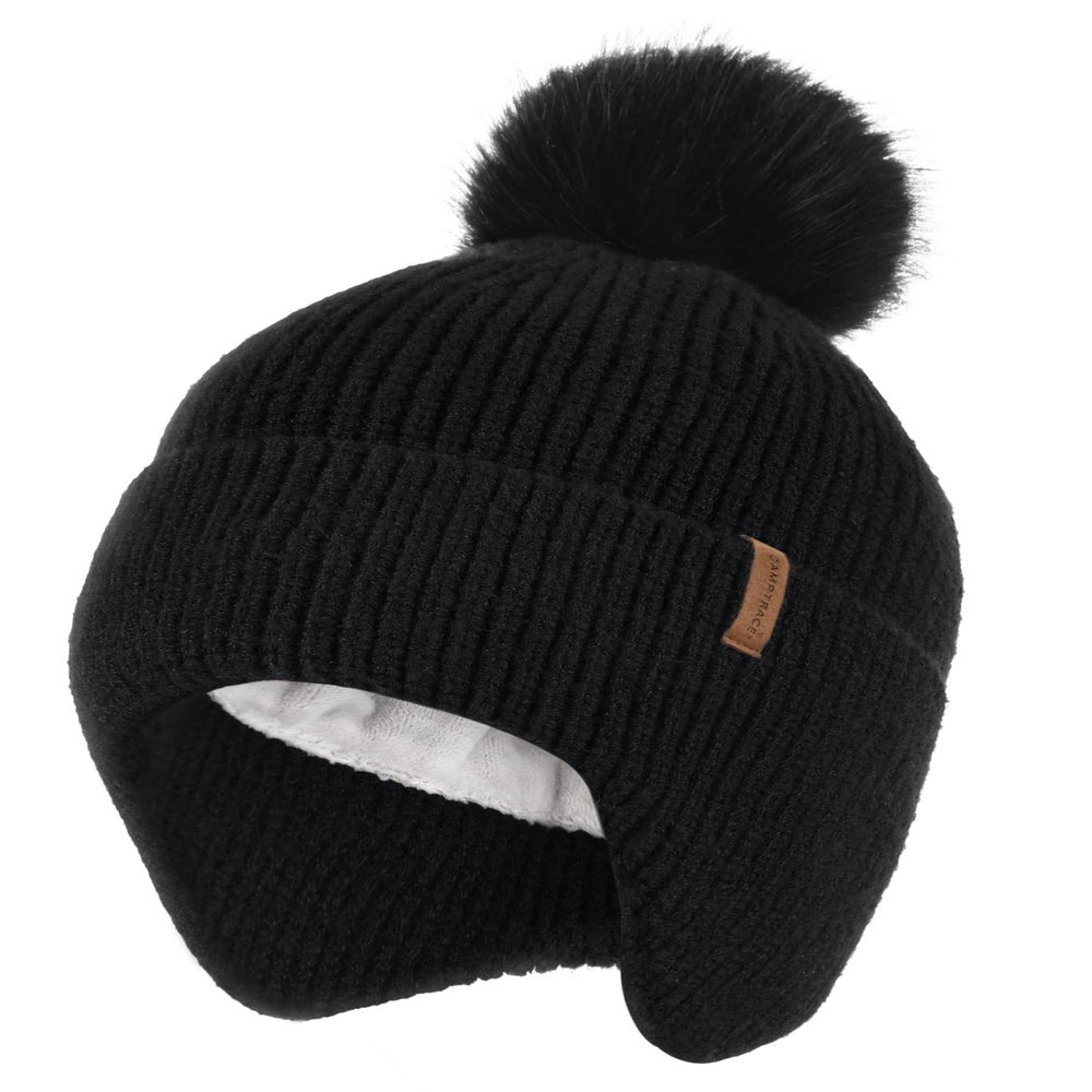 Camptrace Toddler Baby Winter Hat Warm Fleece Lined Knit Kids Hat with Earflap Infant Newborn Pom Beanie Knit Cap Girls Boys Black