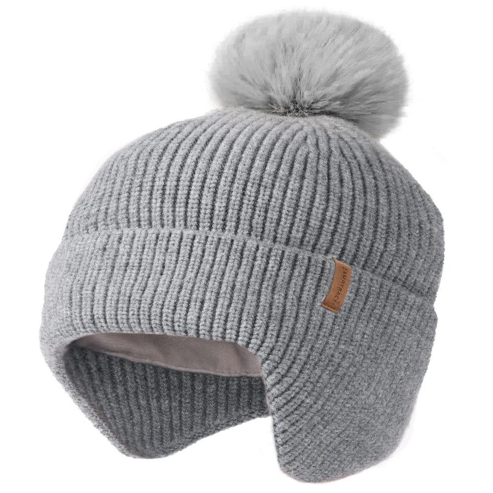 Camptrace Toddler Baby Winter Hat Warm Fleece Lined Knit Kids Hat with Earflap Infant Newborn Pom Beanie Knit Cap Girls Boys Grey