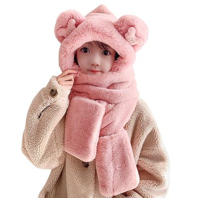 Kids Winter Hat Scarf Mittens 3 in 1 Faux Fur Hat Hooded Scarf Earflap Cap Neck Warmer Fuzzy Hoodie Ski Snow Cap Gloves Set
