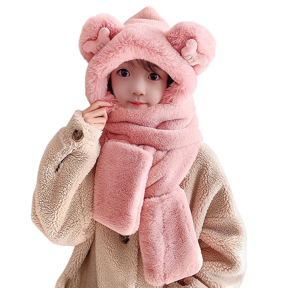 Kids Winter Hat Scarf Mittens 3 in 1 Faux Fur Hat Hooded Scarf Earflap Cap Neck Warmer Fuzzy Hoodie Ski Snow Cap Gloves Set