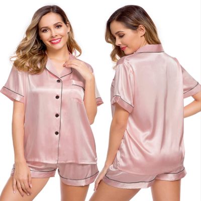 LecGee Womens Silk Satin Pajamas Set Short Sleeve Sleepwear Button Down Loungewear 2 Pcs Pjs