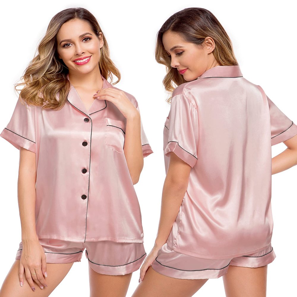 LecGee Womens Silk Satin Pajamas Set Short Sleeve Sleepwear Button Down Loungewear 2 Pcs Pjs
