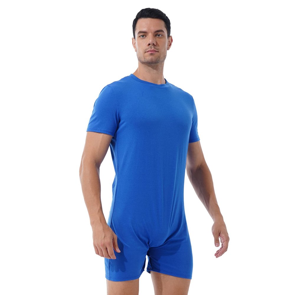 Manyakai Men's One Piece Athletic Bodysuit Button Down Leotard Shirt Gymnastic Jumpsuit Biketard Rompers Blue Large