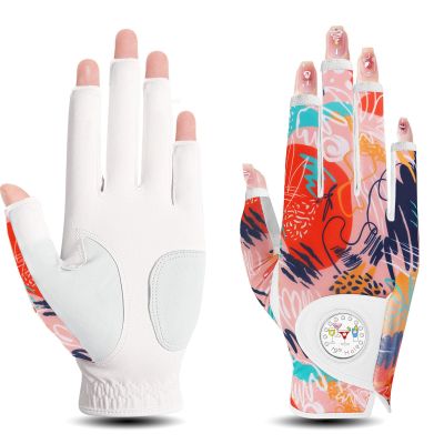 FINGER TEN Stylish Golf Gloves Women with Ball Marker 1 Pack for Left or Right Hand, Breathable Glove with Fashion Patterns for Ladies Right Left Handed Golfer (Half-Orange, X-Large, Right)