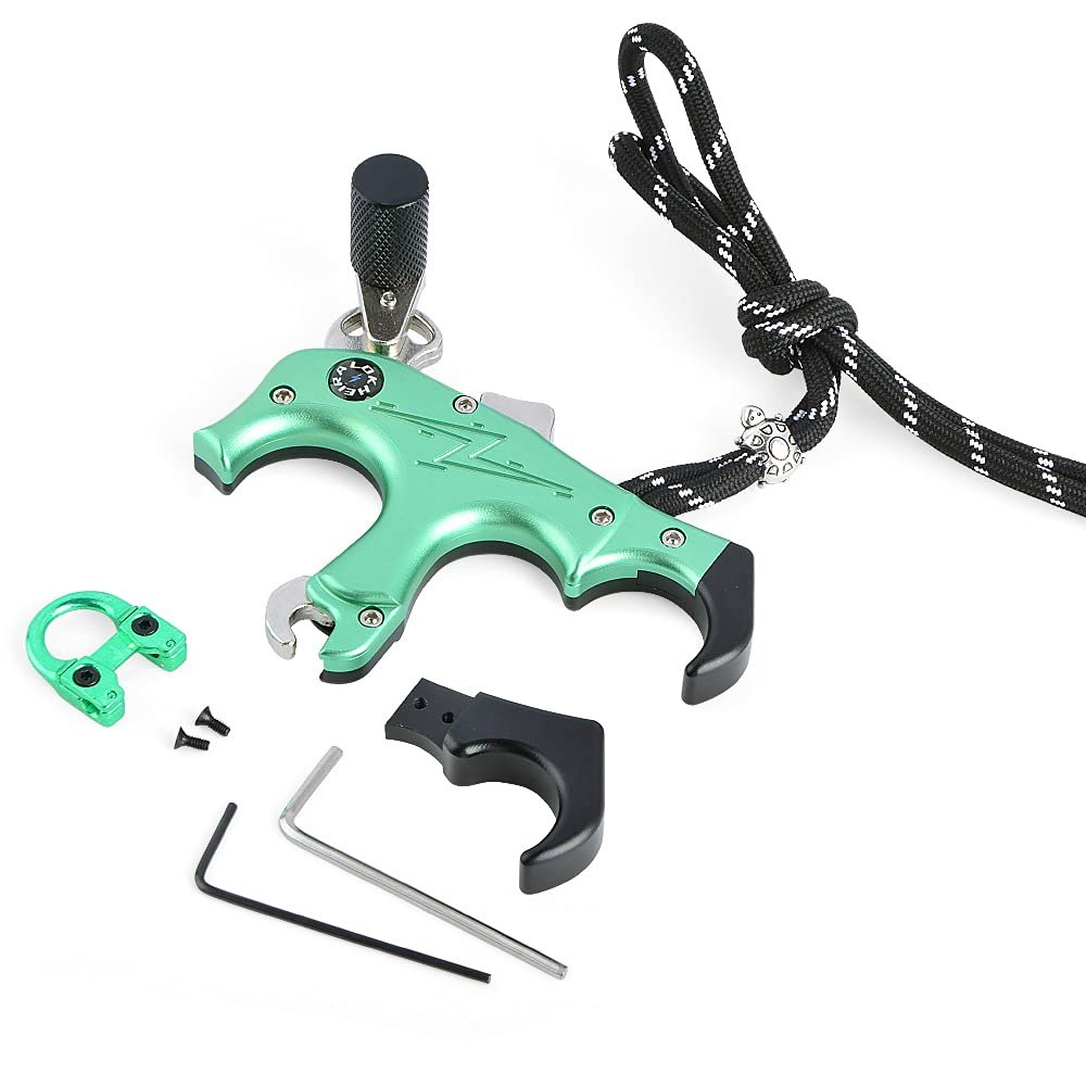 SHARROW Archery Compound Bow Thumb Release Trigger 3&4 Finger Grip Adjustable Archery Release Aids with Metal D Loop (Green)