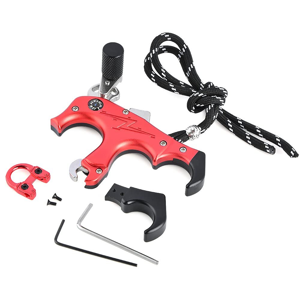 SHARROW Archery Compound Bow Thumb Release Trigger 3&4 Finger Grip Adjustable Archery Release Aids with Metal D Loop (Red)