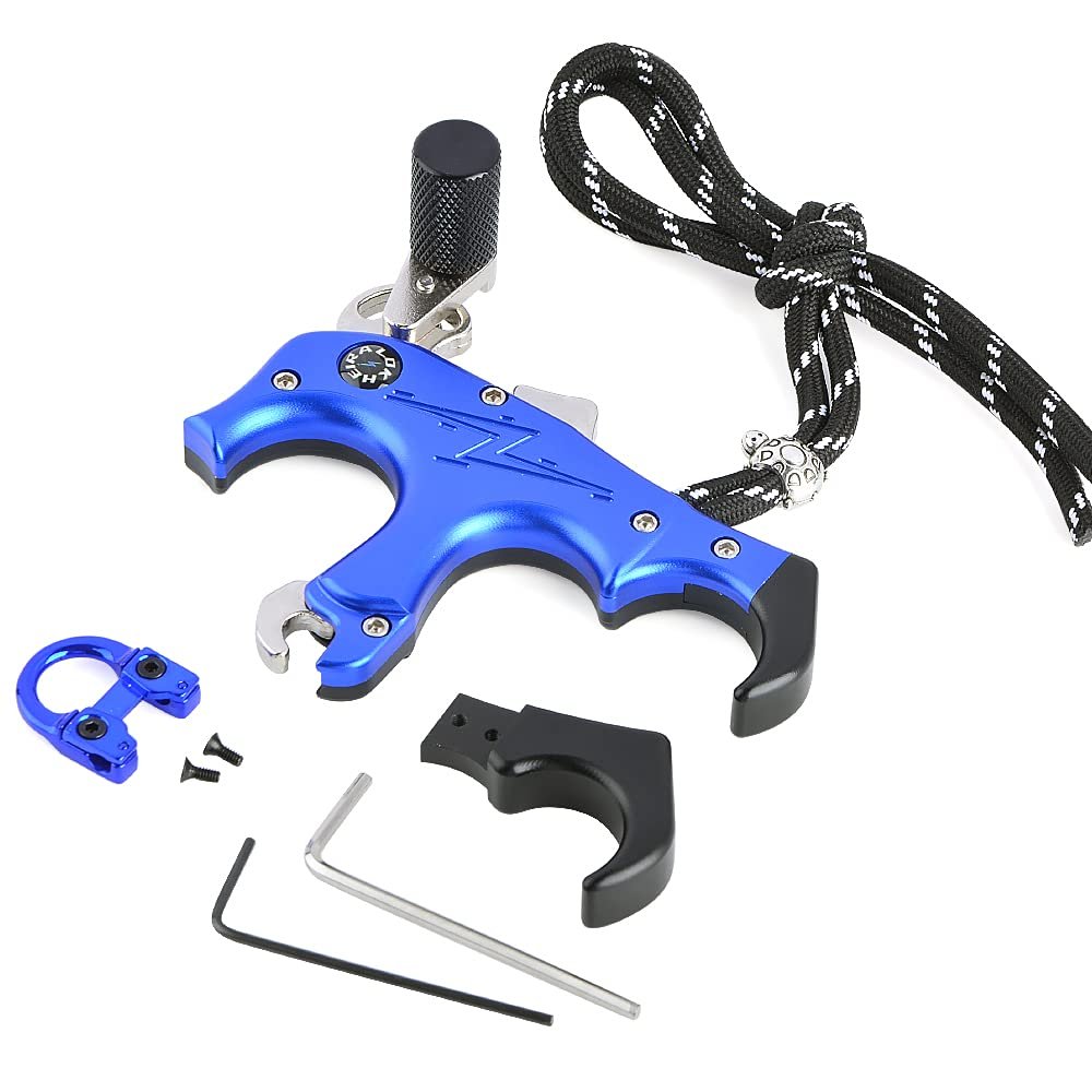 SHARROW Archery Compound Bow Thumb Release Trigger 3&4 Finger Grip Adjustable Archery Release Aids with Metal D Loop (Blue)