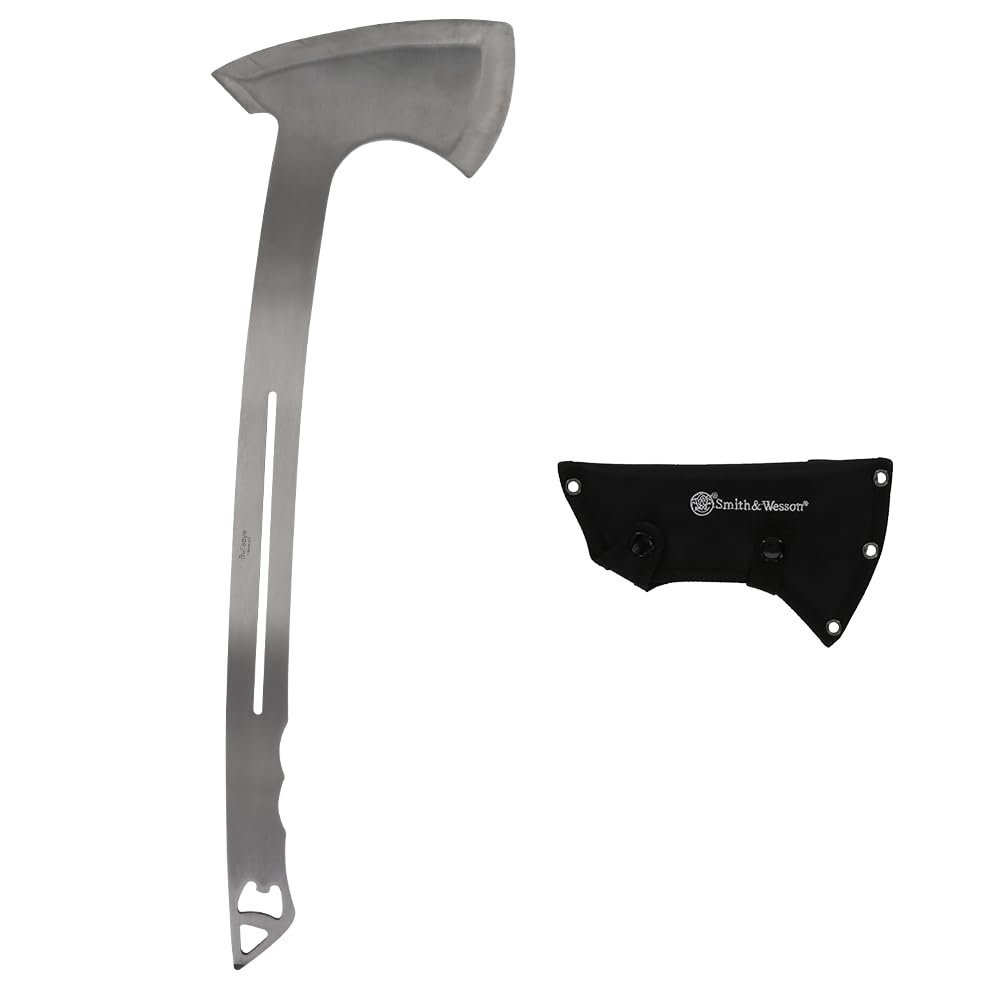Smith & Wesson Bullseye Large Throwing Axe with 20in Full Tang Stainless Steel Design, Bottle Opener and Nylon Sheath for Outdoor Recreation and Competition