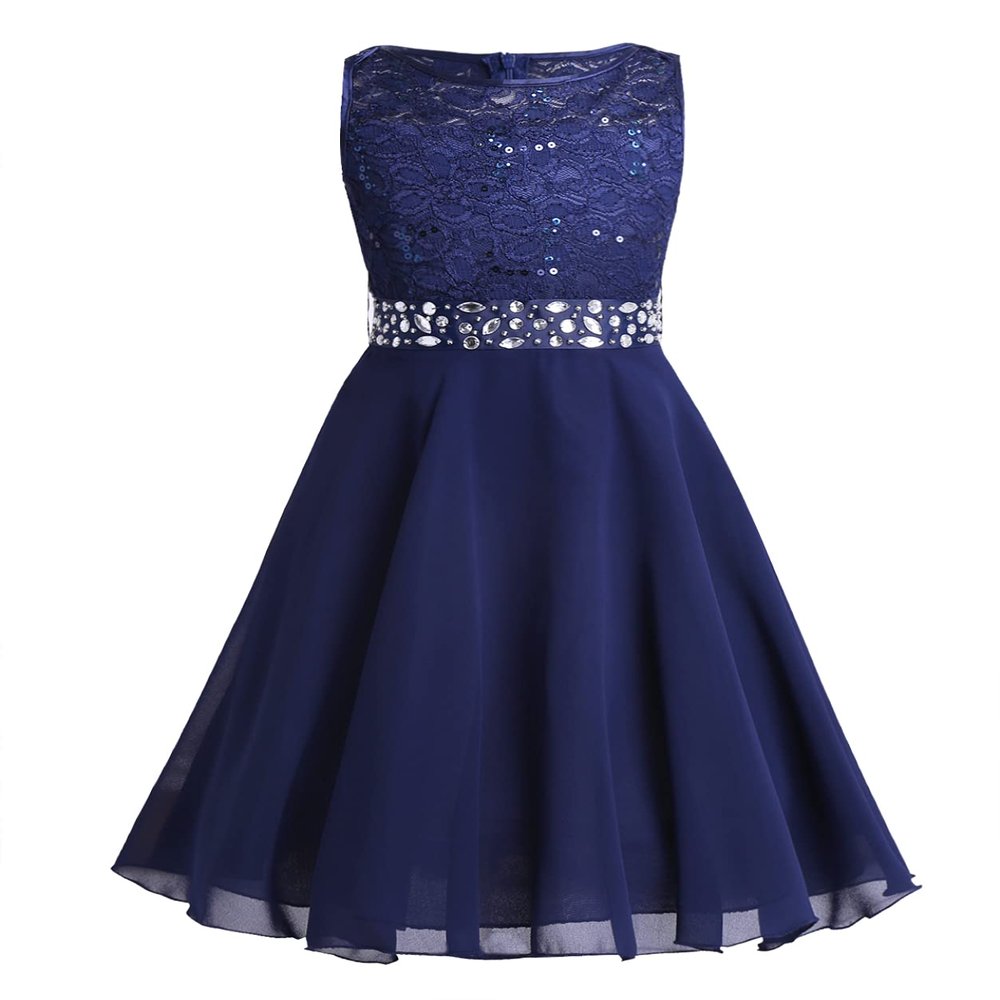 Loloda Kids Girls Sequined Rhinestone Chiffon Bridesmaid Dress Wedding Party Pageant Formal Prom Ball Gown Navy_Blue 8 Years