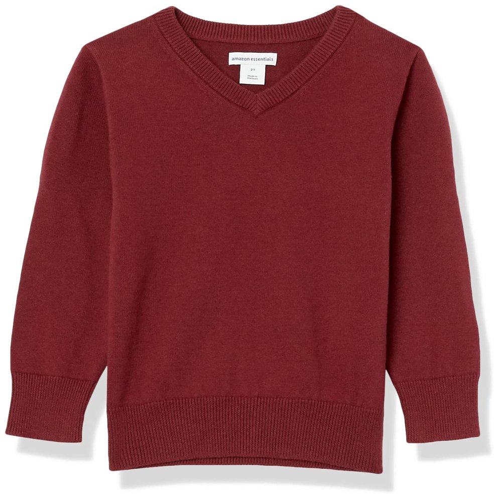 Amazon Essentials Unisex Toddlers' Uniform Cotton V-Neck Sweater, Burgundy Heather, 4T