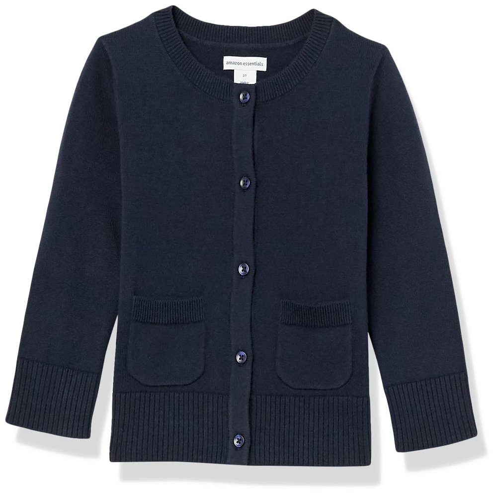 Amazon Essentials Girls' Uniform Slim Fit Crewneck Cardigan Sweater, Navy, XX-Large