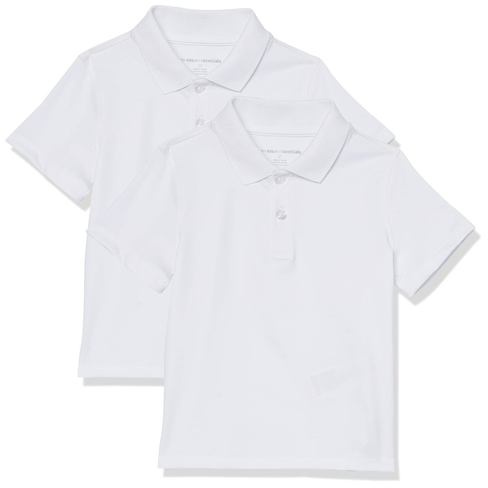 Amazon Essentials Boys' Short-Sleeve Active Performance Polo Shirts, Pack of 2, White, Large