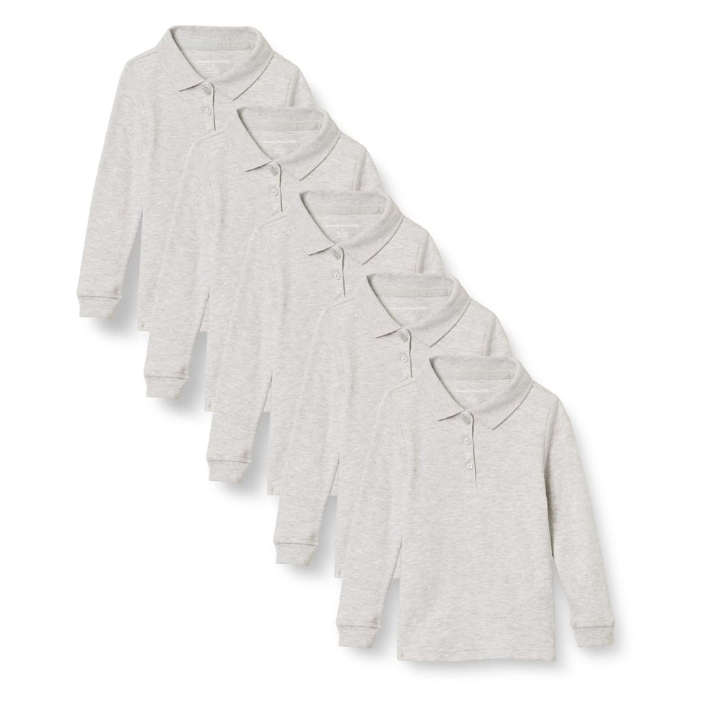 Amazon Essentials Girls' Long-Sleeve Interlock Polo Shirts, Pack of 5, Grey Heather, X-Large
