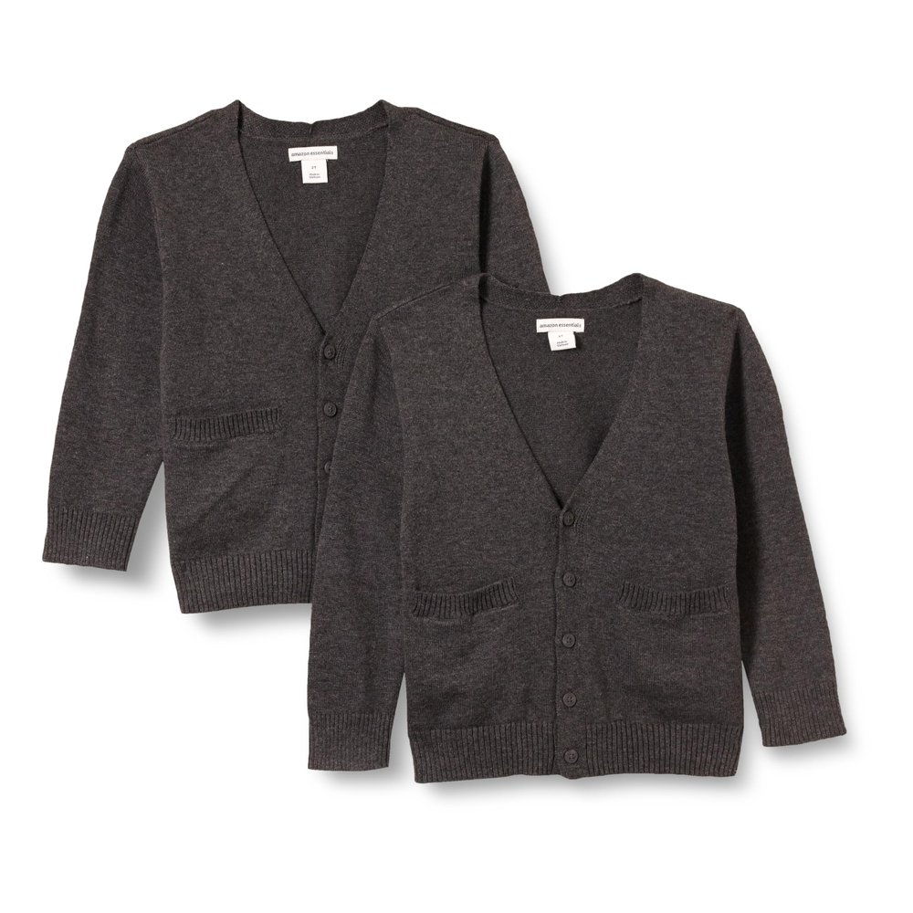Amazon Essentials Unisex Kids' V-Neck Cotton Uniform Cardigan Sweaters, Pack of 2, Charcoal Heather, Large