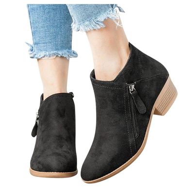 Combat Ankle Boots for Womens Flower Pattern Splicing Lace-Up Zipper Booties Square Low Heel Cute Almond Toe