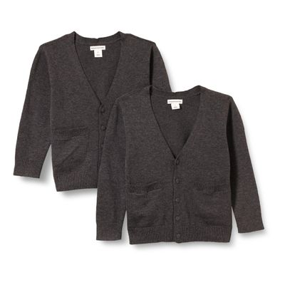 Amazon Essentials Unisex Toddlers' V-Neck Cotton Uniform Cardigan Sweaters, Pack of 2, Charcoal Heather, 3T