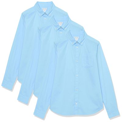 Amazon Essentials Boys' Uniform Long-Sleeve Woven Stretch Poplin Button-Down Shirts, Pack of 3, Blue, X-Large